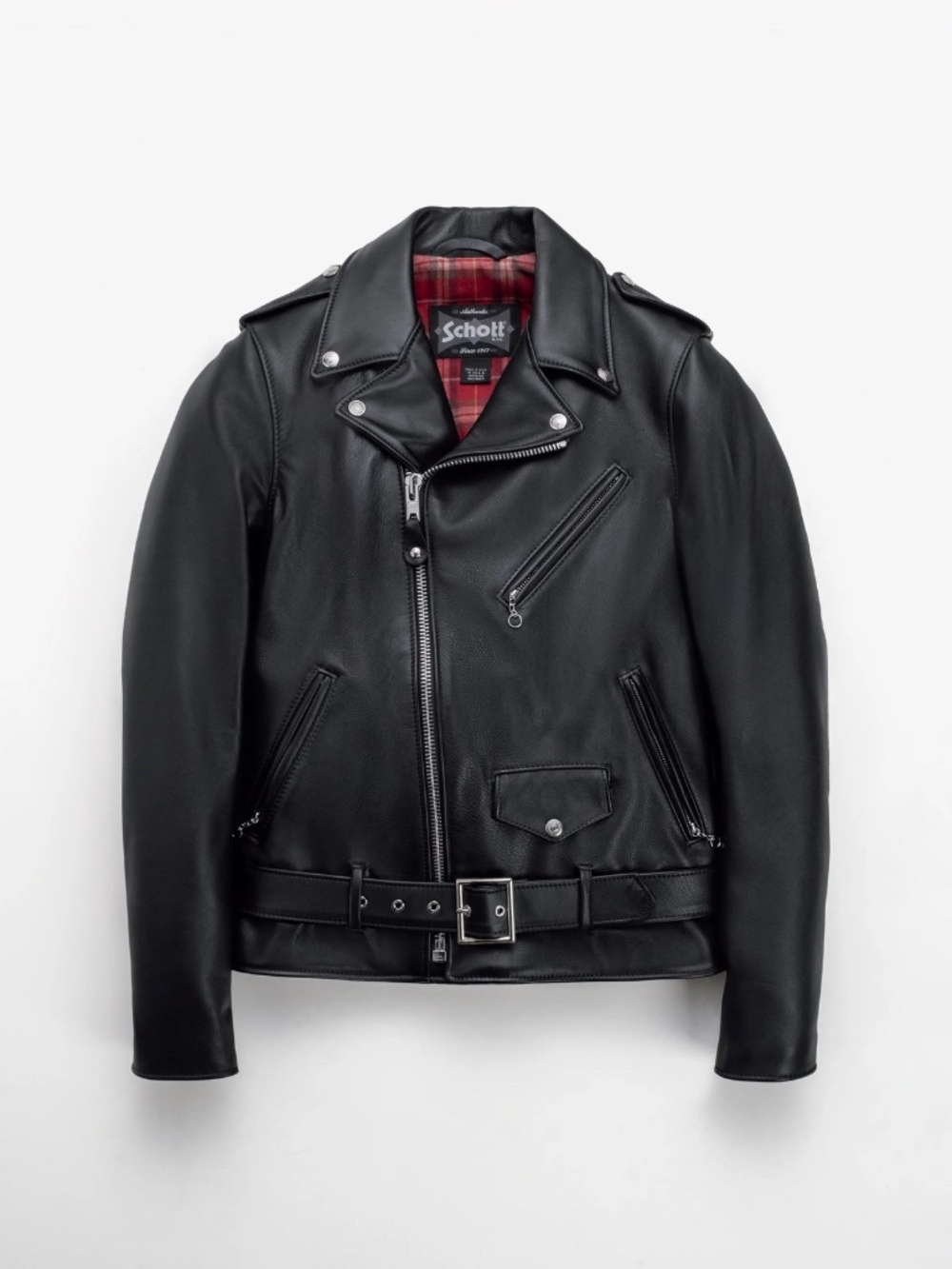 Schott NYC Black Leather Motorcycle Jacket with Red Plaid Lining